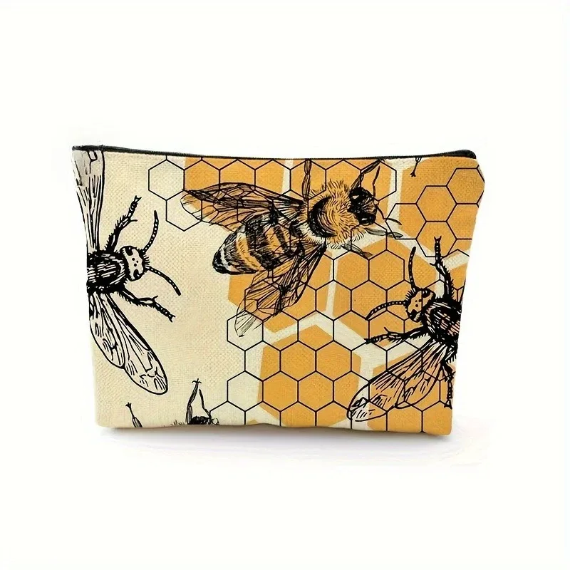 trousse de maquillage à motif d'abeille, 1 pièce, jolie pochette à cosmétiques avec fermeture éclair, design beige et floral, cadeau parfait pour les femmes, anniversaire