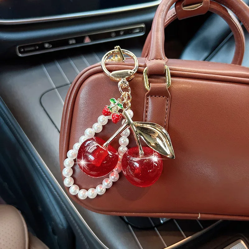 1pc porte-clés perles d'imitation cerise douce, pendentif de sac exquis, décoration pour sac à dos, accessoire de voiture, bijou cadeau