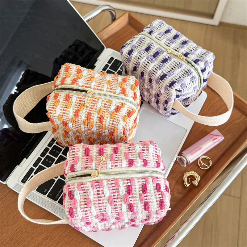 Sac à main tissé rayé pour fille, petit sac cosmétique portable, sac de rangement de voyage, sac intérieur color-block pour sac de voyage