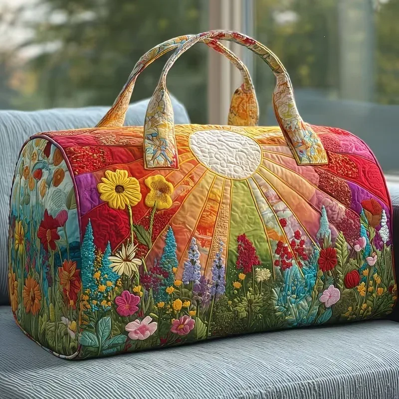 sac voyage polyester fleurs blancs symboles paix texturé poignées tissu sacoche hippie motifs colorés week end polyvalent