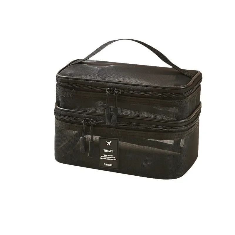 nouvelle trousse de toilette en maille, trousse de maquillage de voyage grande capacité à 3 couches, sac de rangement portable pour voyages d'affaires zy524
