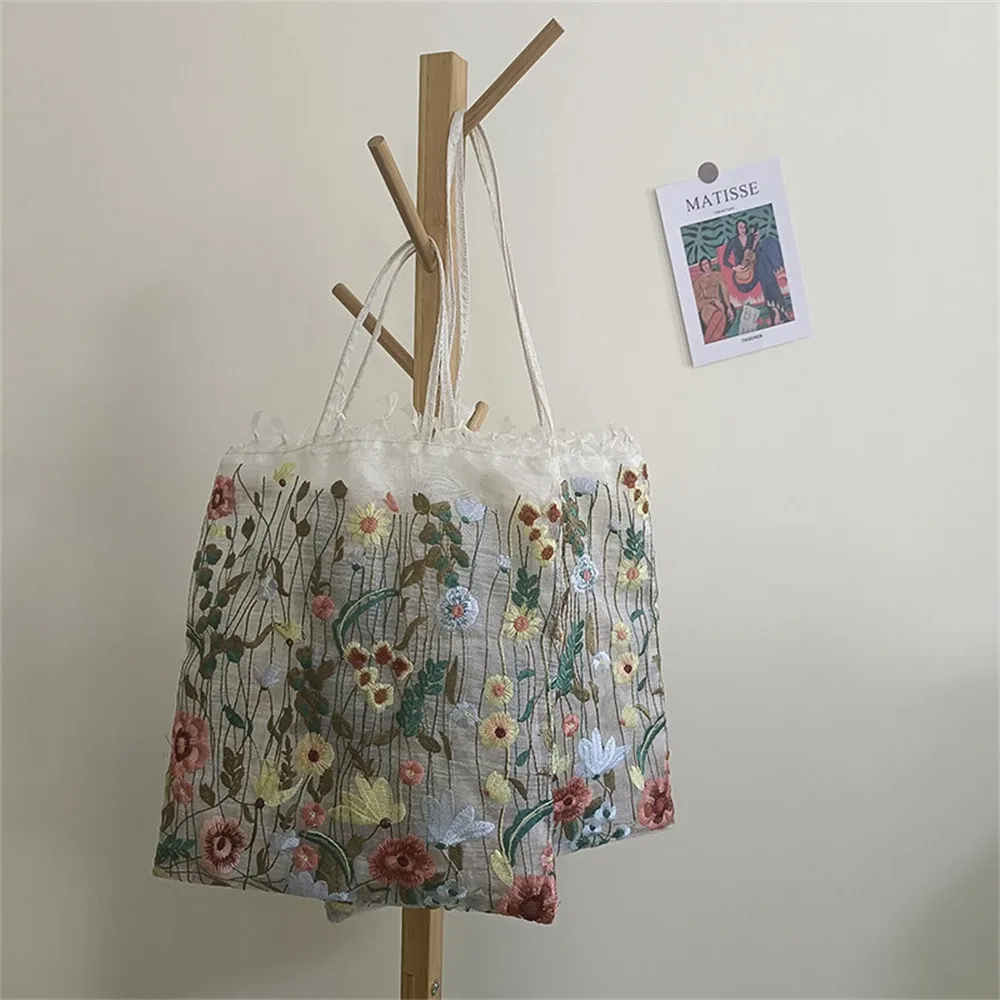 sac fourre-tout à la mode, nouveau style d'été en maille avec broderie complète de fleurs, sac à bandoulière transparent, sac à main romantique pour filles et femmes, sac de shopping écologique