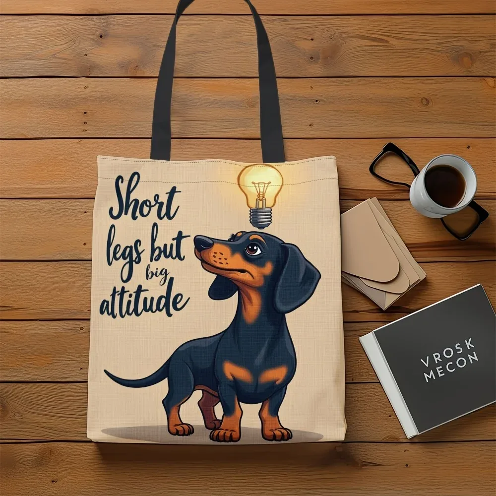 Sac fourre-tout amusant en polyester durable à grande capacité avec motif de dessin animé Teckel « Jambes courtes, grande personnalité » pour les courses