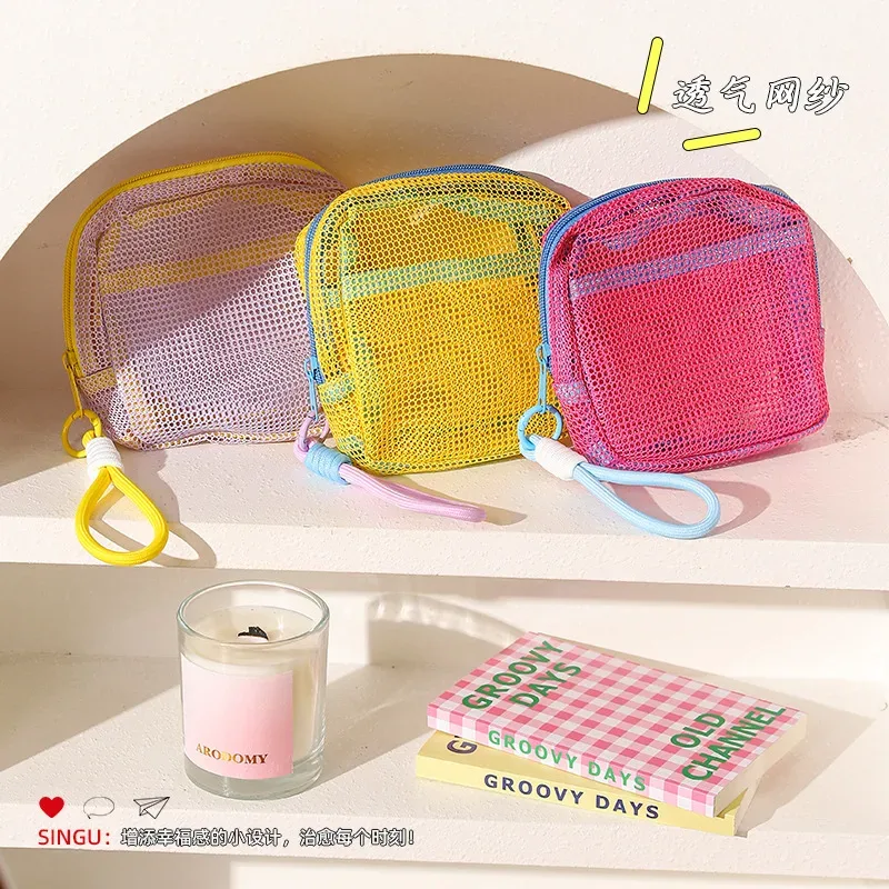 pochette en filet couleur dopamine, portable, pour voyage, câbles de charge, articles de toilette, mini pochette de rangement en filet, trousse de toilette en filet, pochette à clés, porte-cartes