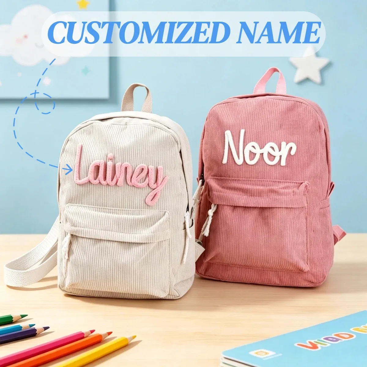 Sac à dos personnalisé en velours côtelé avec broderie de nom en corde de coton – Cadeau de rentrée scolaire pour enfants, filles et garçons