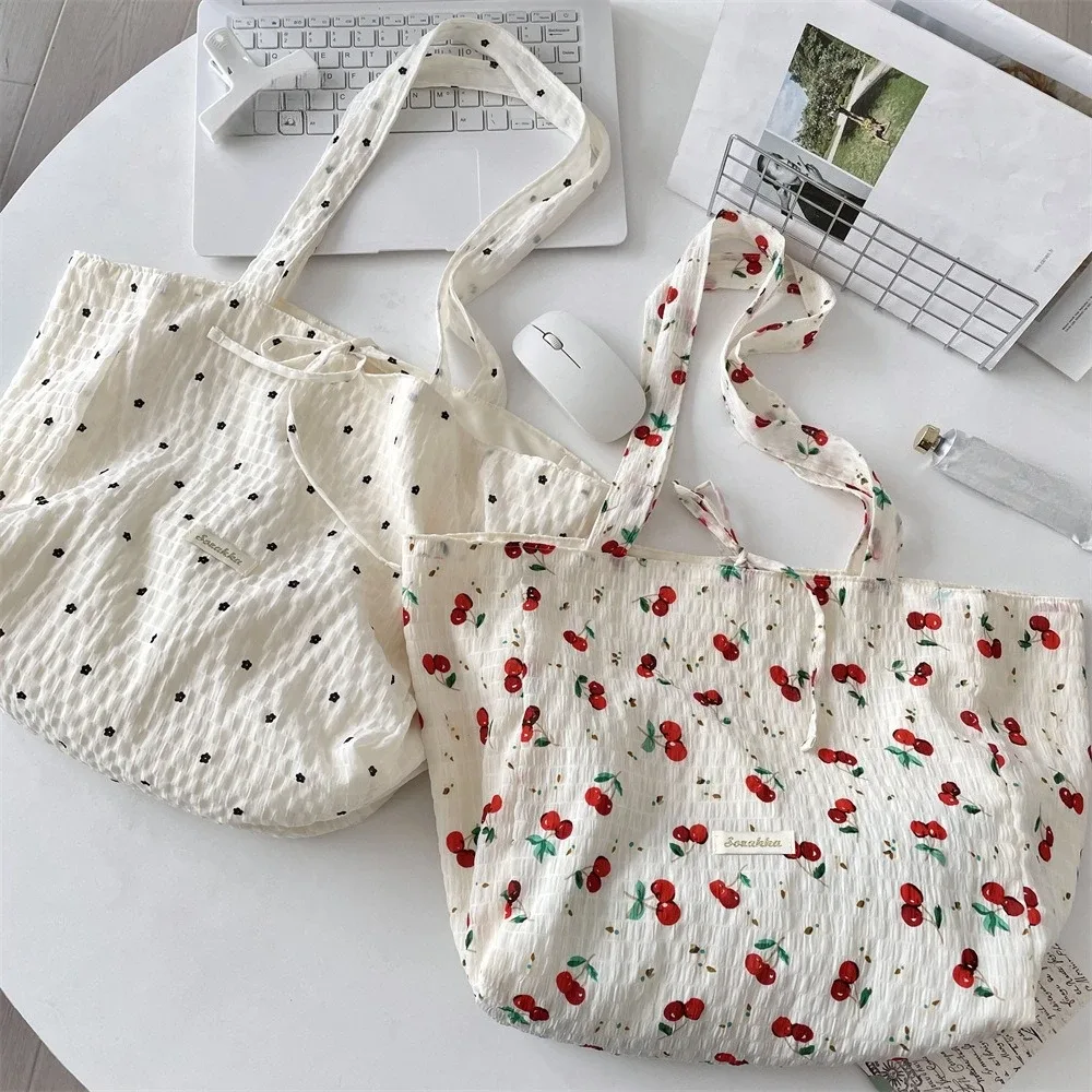 sac de shopping polyvalent pour femmes, sac à bandoulière simple en mousseline de soie imprimé floral frais et doux, fourre-tout de grande capacité pour classe d'étudiant
