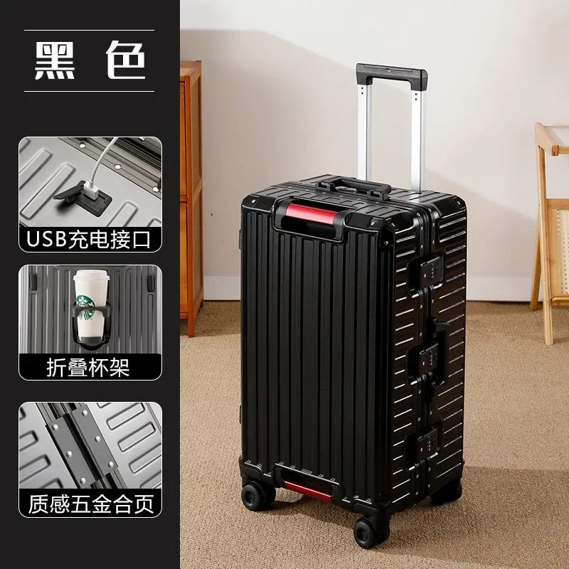 valise de voyage grande taille avec cadre en aluminium, bagage à roulettes avec porte-gobelet et serrure à combinaison