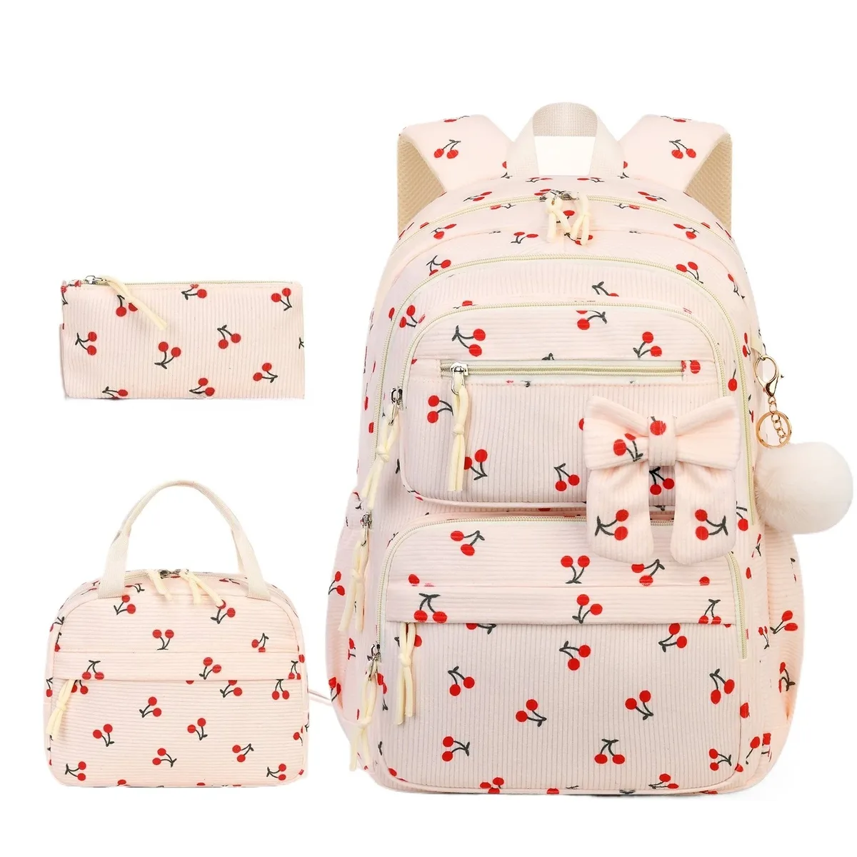 sac à dos d'école pour filles, motif cerise, sac à dos en velours côtelé pour écolière primaire, sac à livres pour enfants, sac à déjeuner, trousse à crayons, 3 pièces/ensemble