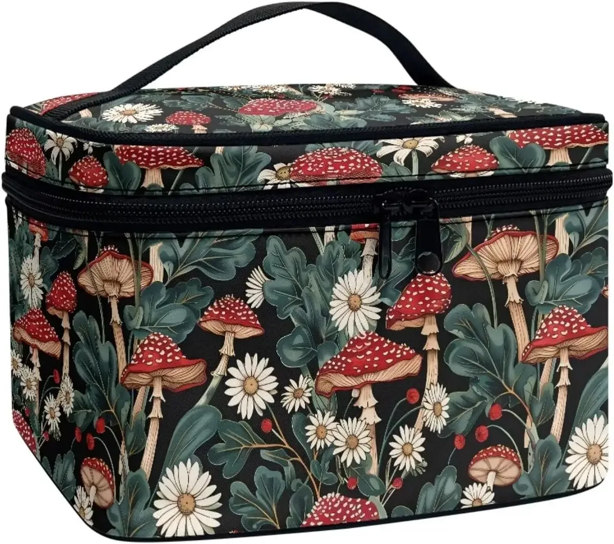 trousse polyester motif floral champignons poignée noire bleu jaune rouge vert voyage maquillage cosmétiques