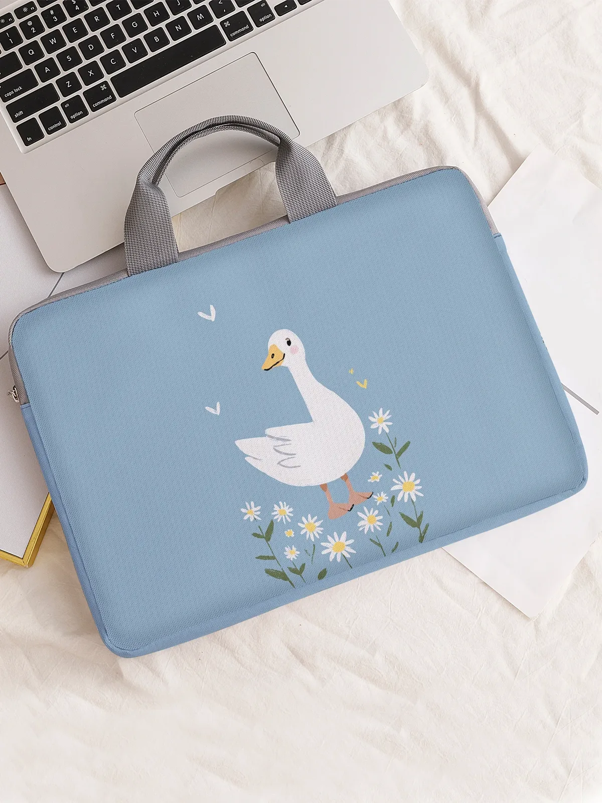 un ensemble, deux styles, housse pour ordinateur portable imprimée avec motif de canard blanc et de marguerites, mallette, adaptée aux ordinateurs portables de 14 pouces