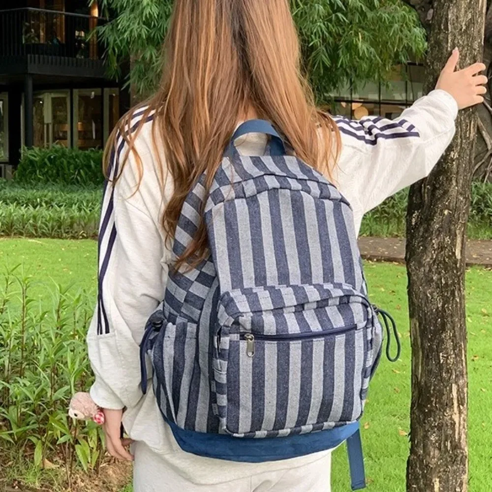 sac à dos à rayures grises de style coréen, multi-poches, bretelles réglables, impression d'étoiles, léger pour les déplacements