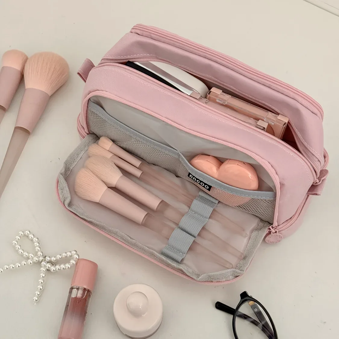sac de maquillage de voyage portable à 3 couches, organiseur de cosmétiques de grande capacité avec compartiments, pochette de rangement mignonne pour femmes