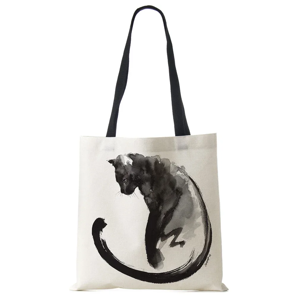 sacs fourre-tout de styliste pour femmes, sac à main écologique en tissu de lin imprimé chat noir sumi, sac à bandoulière réutilisable pour le bureau et le shopping