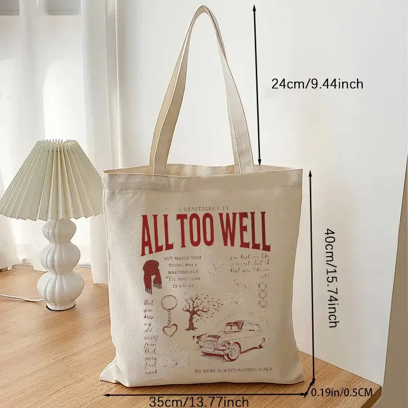 Taylor All Too Well Canvas Tote Bag, Causal Shopping Hangbag, Gift for GérMusic-lover, Large Capacity Canvas Bag, Music Merch
