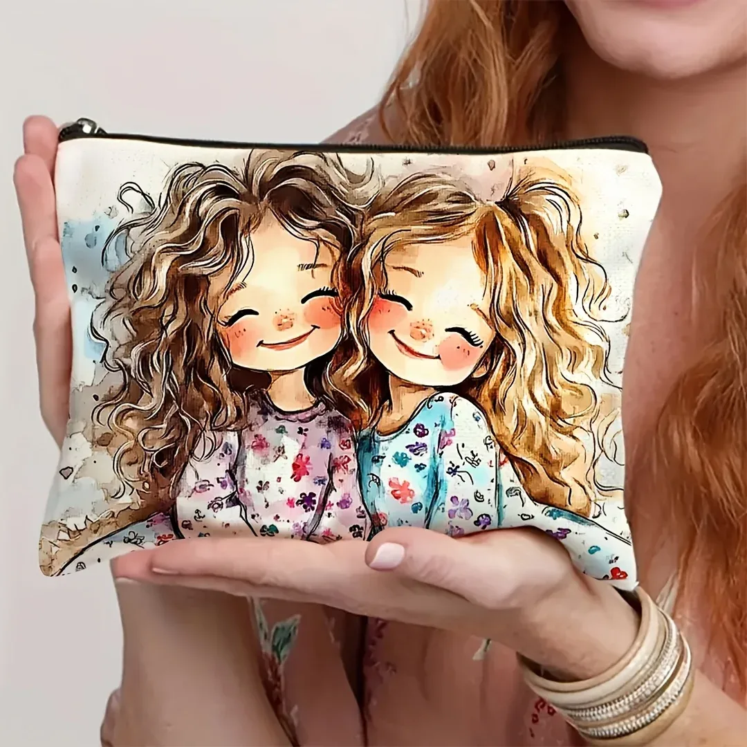 trousse toilette lin illustration filles souriantes robe motifs floraux pochette portable voyage beauté maquillage cosmétique