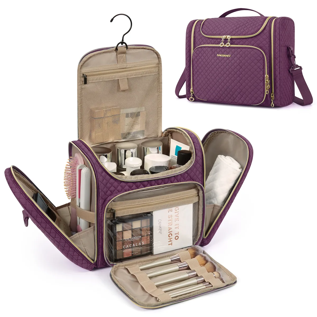 trousse toilette cosmétique pvc noir doré grande capacité organisateur voyage compartiments séparés humidificateur maquillage