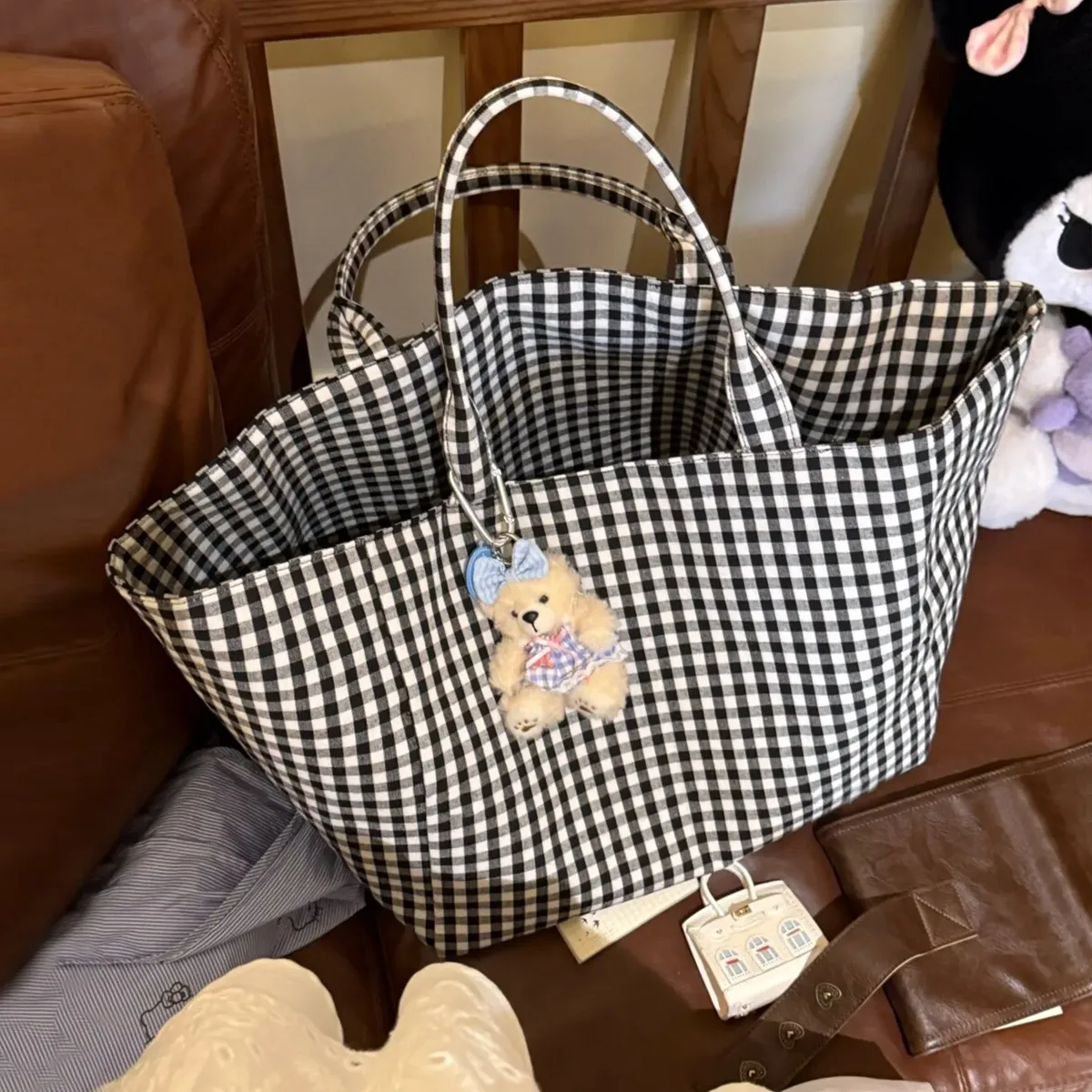 sacs fourre-tout coréens à carreaux harajuku pour femmes, sacs à bandoulière simples et polyvalents à la mode, sacs à main portables de grande capacité pour filles