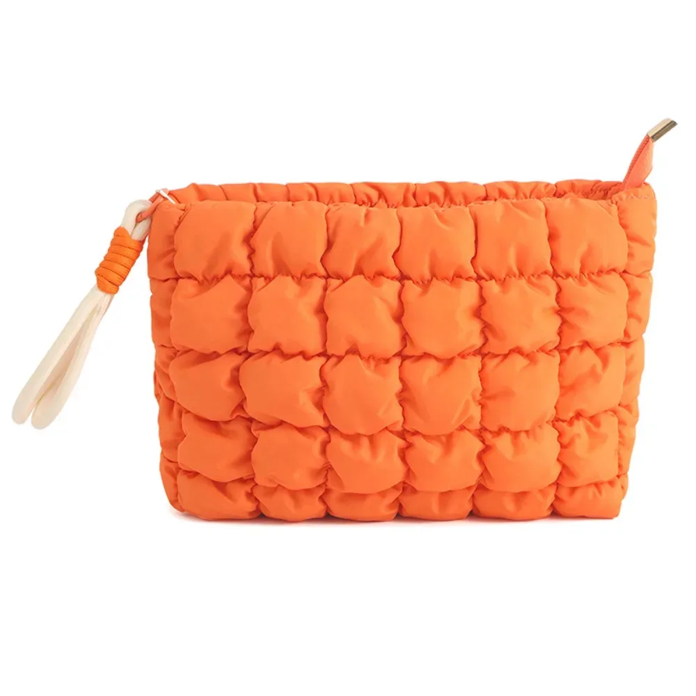 sac de maquillage matelassé bouffant mignon, sac à cosmétiques pour femmes et filles, pochette de toilette de voyage bouffante, sac à fermeture éclair à carreaux, sac de rangement de maquillage