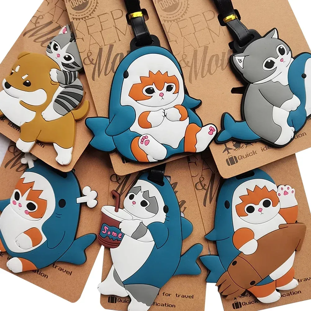 étiquette bagage pu motifs animaux chat requin mignons bracelets noirs voyage famille homme femmes identification nom adresse