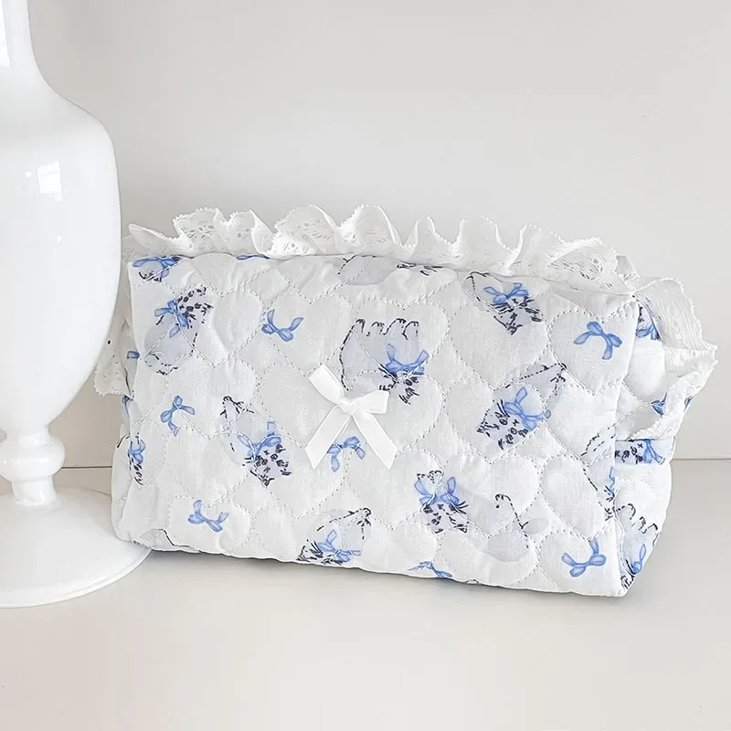 sac de rangement de cosmétiques en forme de cœur rose, pochette de maquillage esthétique mignonne avec garniture en dentelle, sacs de rangement de cosmétiques vintage de grande capacité