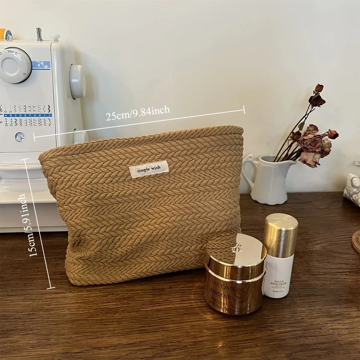 pochette cosmétique tissée avec fermeture éclair - motif grain de riz, trousse de maquillage portable, organiseur de rangement de voyage pour femmes, léger