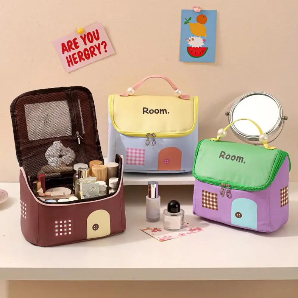 trousse de maquillage mignonne en forme de maison, grande capacité, organiseur de cosmétiques de voyage avec poignée, sac de rangement portable pour soins de la peau pour filles et étudiantes