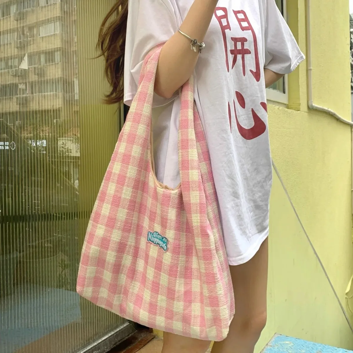 style paresseux, sac fourre-tout polyvalent à carreaux, sac à main à une épaule pour fille artistique pour classe, sac de shopping pour sortir