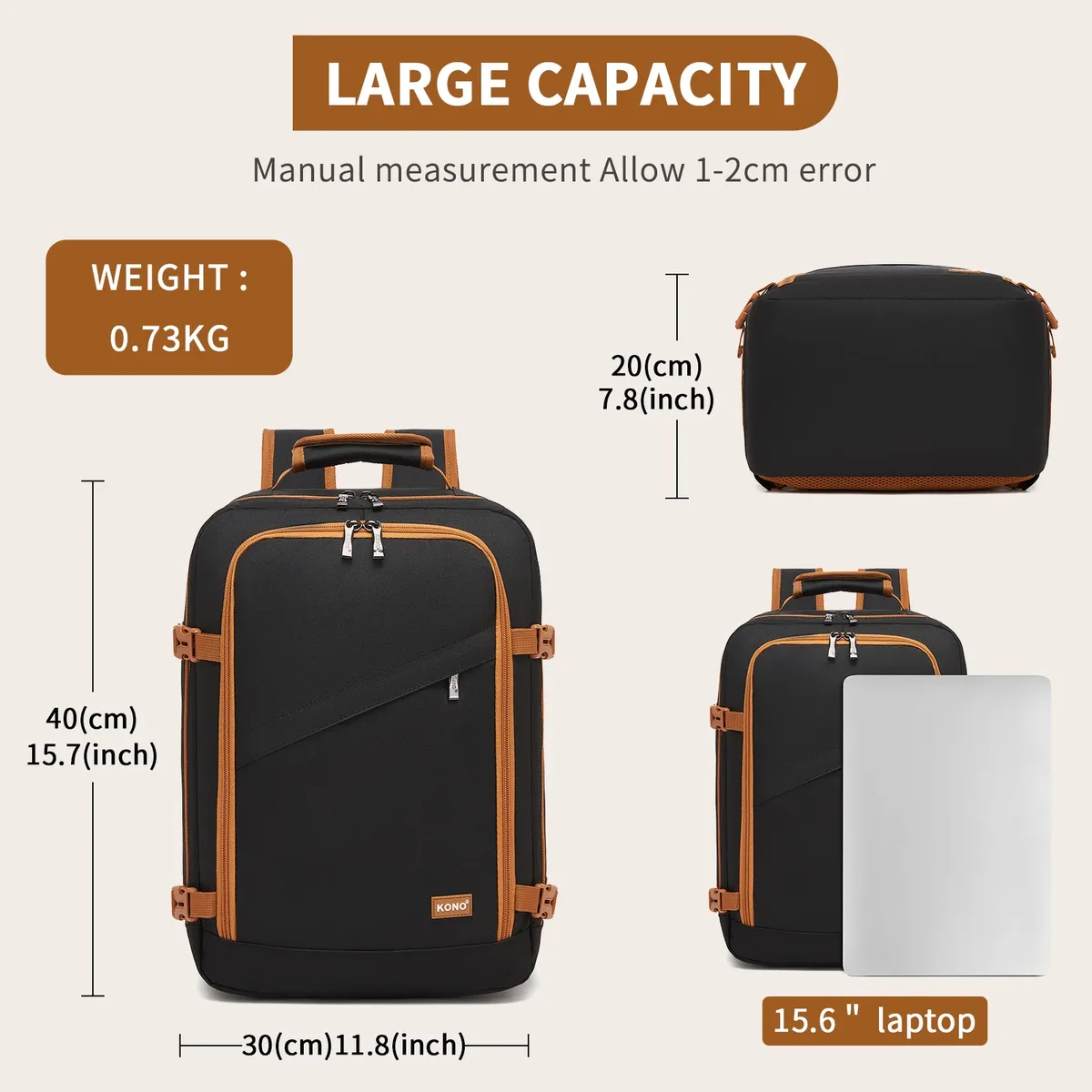 sac de cabine kono pour ryanair (40x30x20 cm, 24l), sac à dos de voyage sous siège, taille cabine, noir/marron