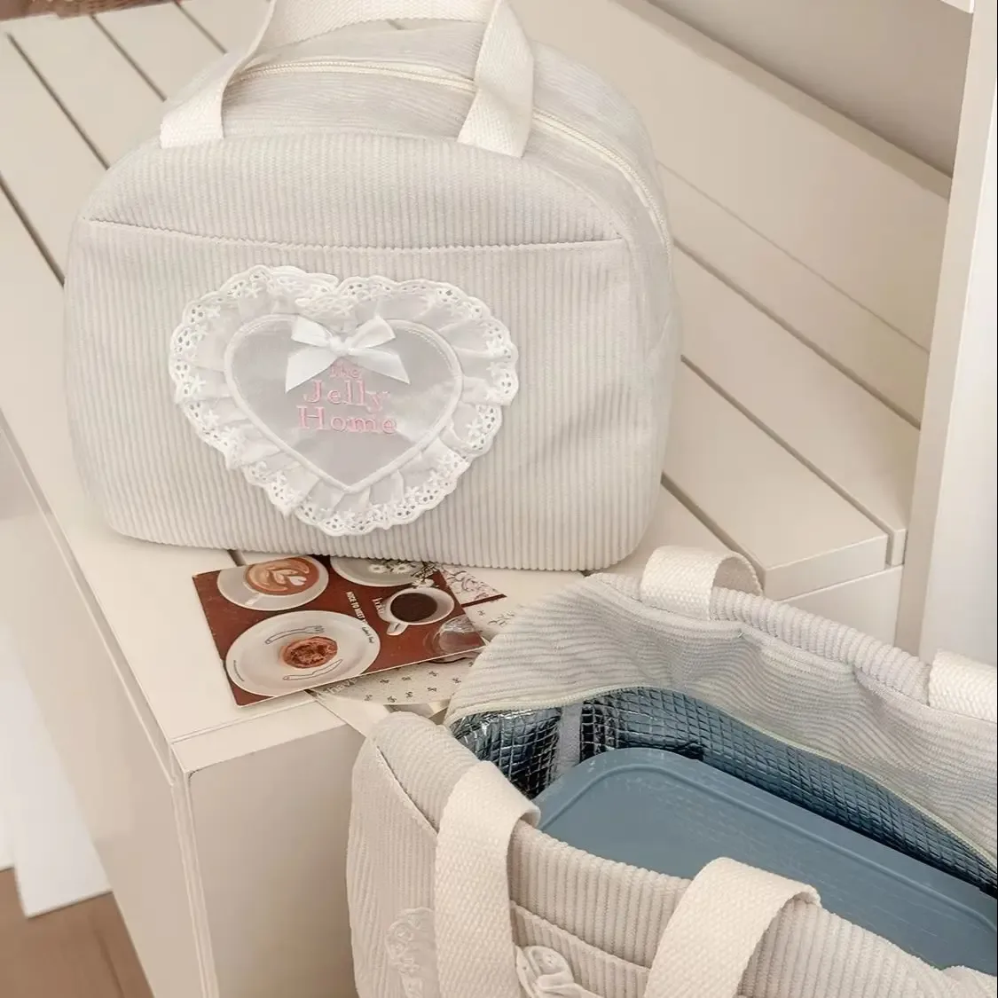 sac à main grande capacité yt commuting en velours côtelé avec dentelle et cœur, sac isotherme pour le déjeuner, nouveau sac de rangement pour étudiants et travailleurs
