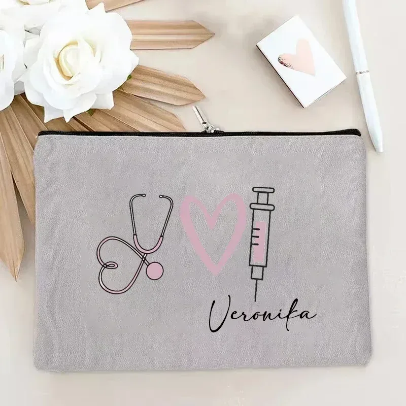 sac à lettres personnalisable, pochette pour infirmière, stéthoscope, seringue, imprimé cœur, sac cosmétique, sac de voyage réutilisable avec nom personnalisé