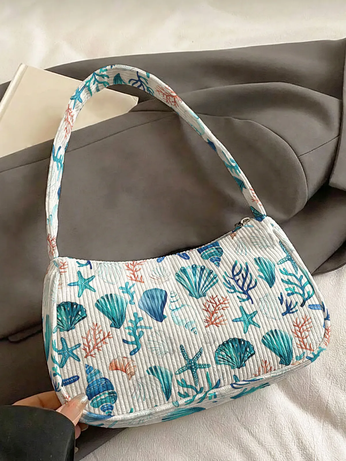 sac à bandoulière tendance à imprimé océan, sac sous le bras en velours côtelé pour un usage quotidien décontracté