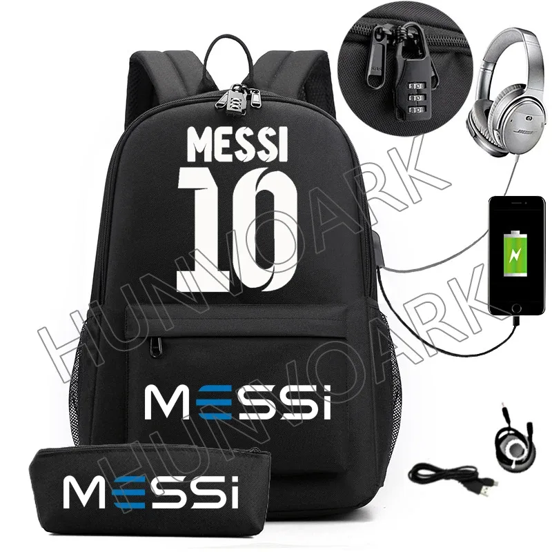 messi-sac à dos étanche avec chargeur usb, sac à dos de voyage décontracté, grande capacité, sacs d'école pour ordinateur portable, hommes et femmes