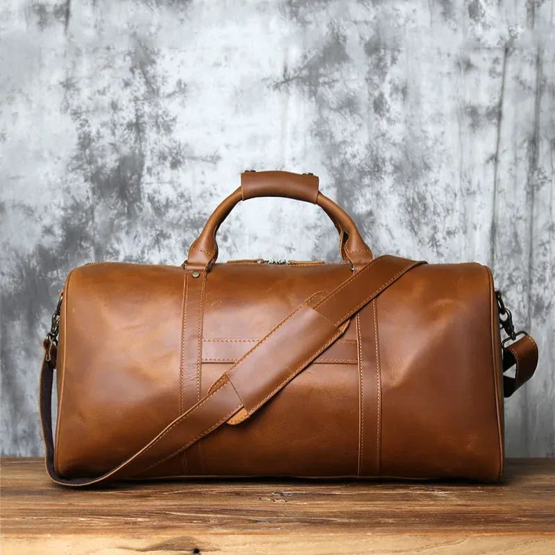 nzpj-sac de voyage rétro en cuir véritable pour homme, sac à main en cuir de cheval, couche supérieure, sac à bandoulière en cuir de vachette, bagage à roulettes portable