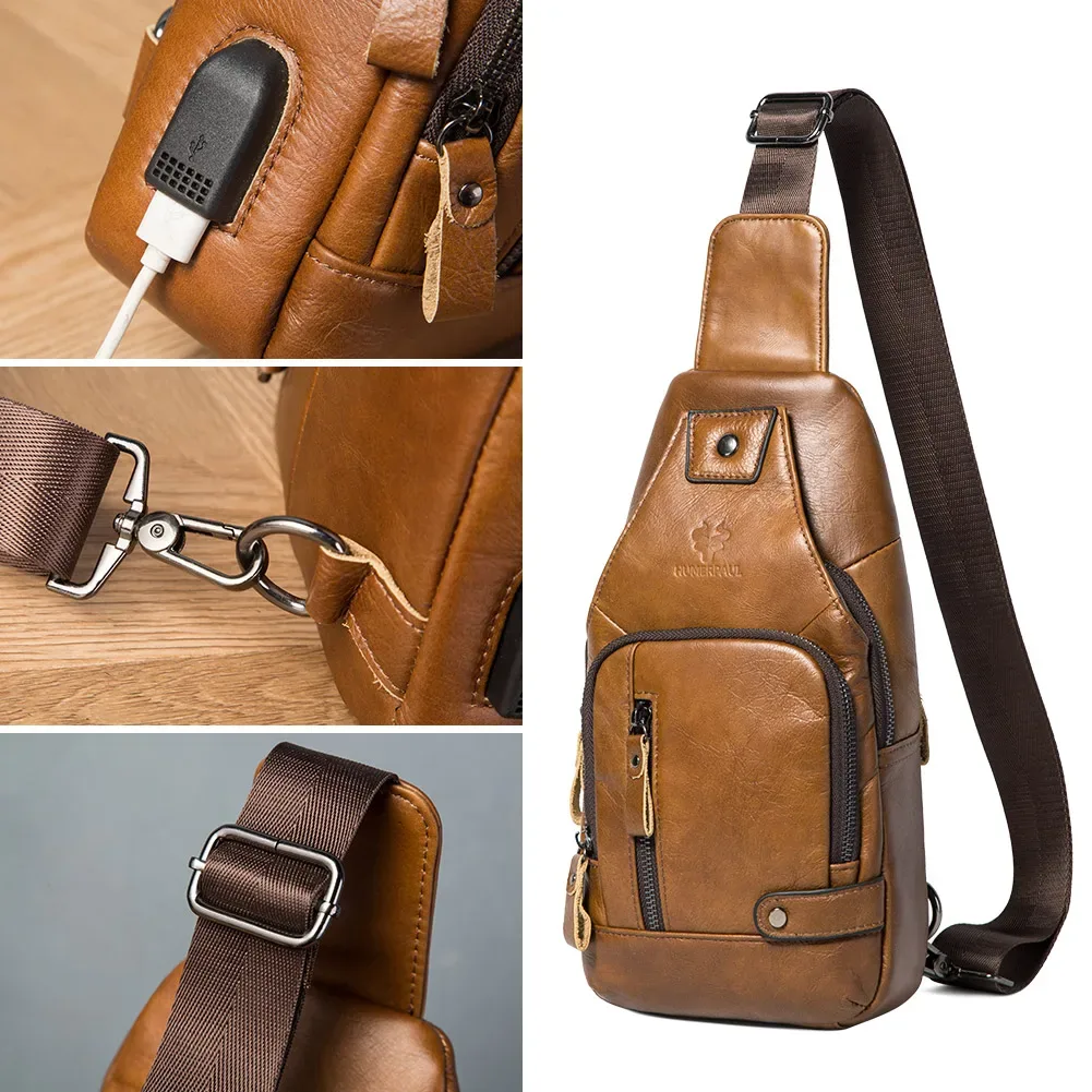 humerpaul-sac de poitrine usb pour homme, 100% cuir véritable, sacs à bandoulière initiés, sac de messager extérieur multifonction, mode