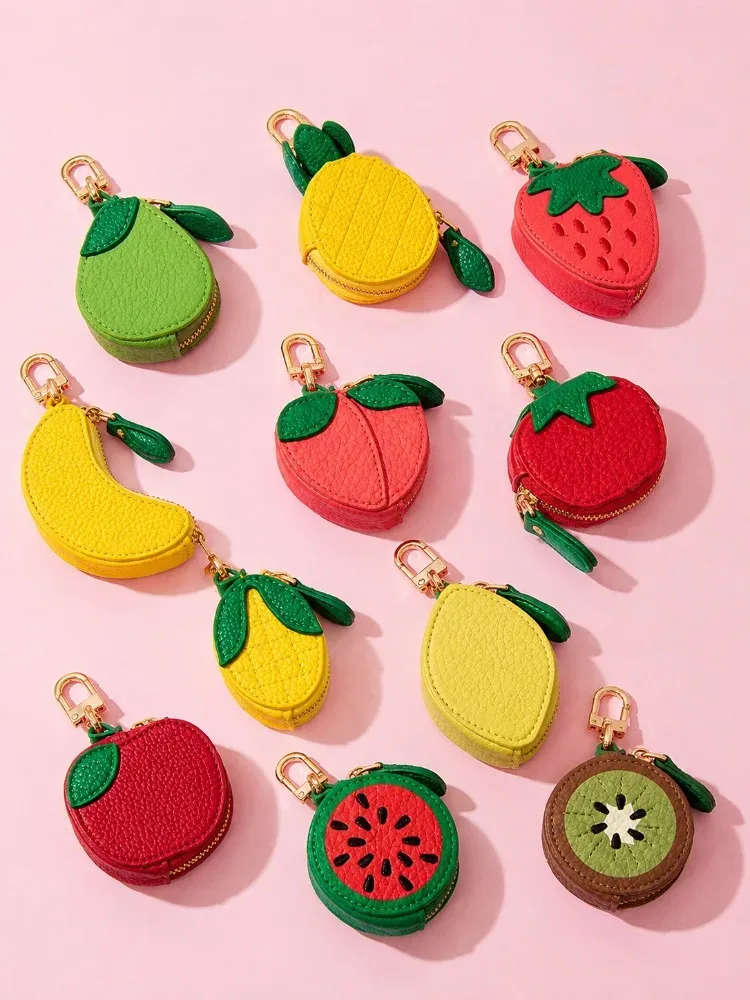 porte-clés en cuir motif fruit mignon, mini porte-monnaie à fermeture éclair pour sac à dos, breloque pour femme et fille, accessoires de vacances d'été à la plage, cadeaux