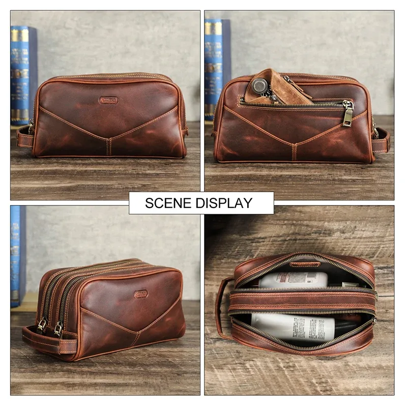 crazy horse – trousse de maquillage de voyage en cuir véritable pour hommes, étuis à cosmétiques vintage en cuir, marque de luxe, rangement de lavage, trousses de toilette