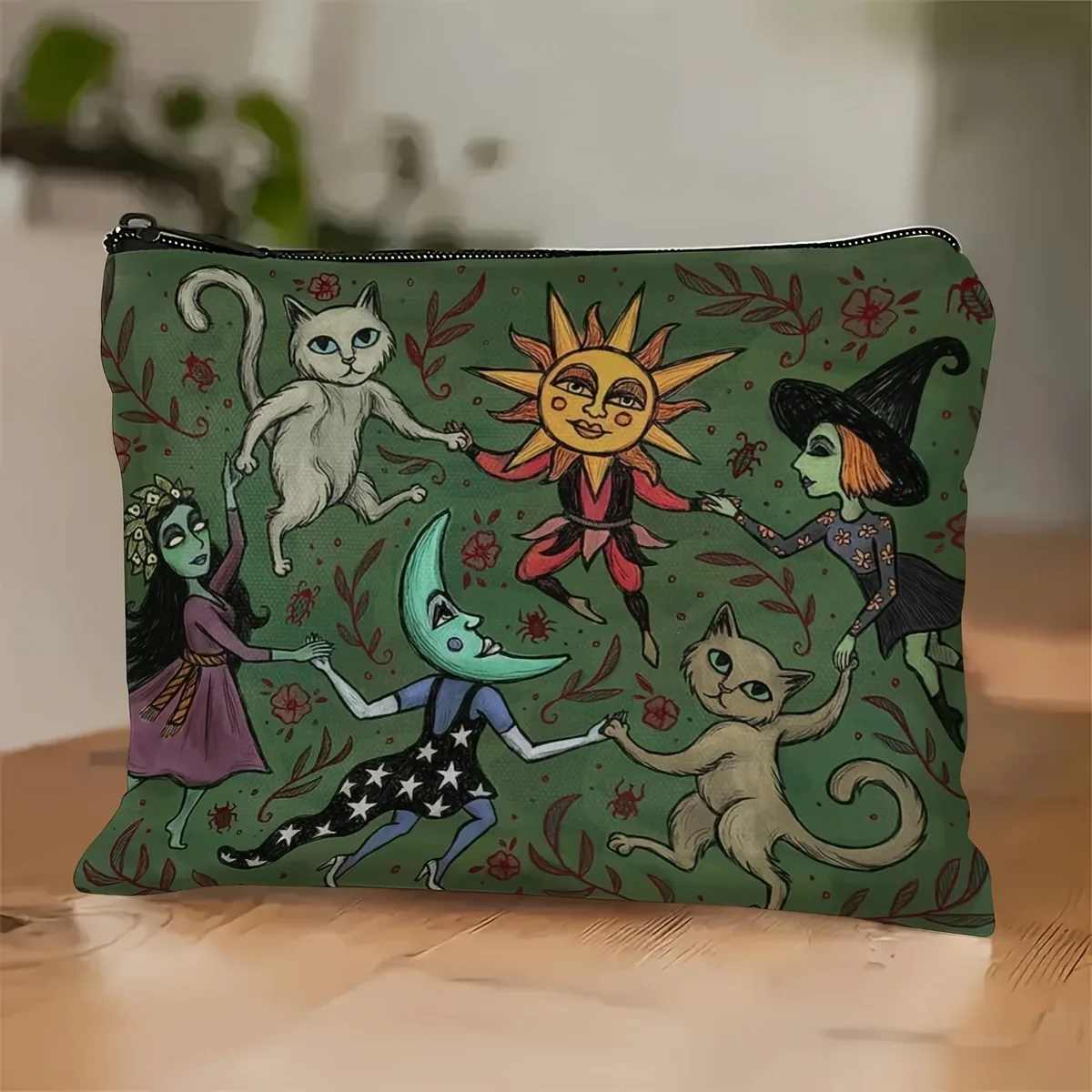 1pc sac enchanté forêt nuit trousse de maquillage fantaisiste sorcière chat et lune conception sur vert foncé cosmétiques crayons étudiant trousse de maquillage
