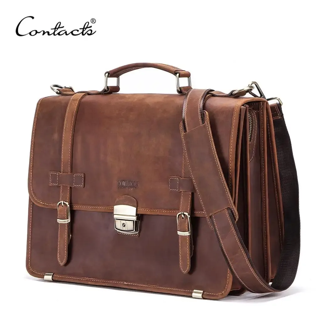 Sacoche Affaires Cuir Vache Marron Foncé Bandoulière Amovible Boucles Dorées Fermeture Loquet Polyester Intérieur Poche Téléphone Portable Usage Voyage Hommes