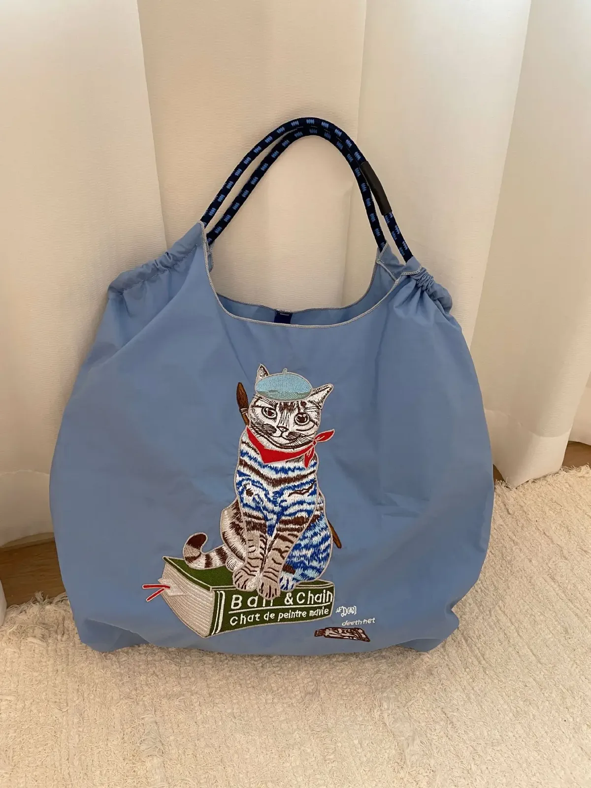 sac de shopping brodé pour femmes, avec chaîne à billes, grande capacité, en nylon écologique, sac à main, sac à bandoulière, sac porté en travers du corps.