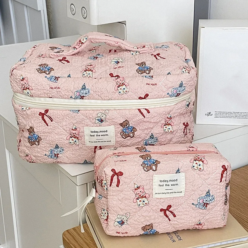 sac de maquillage rose mignon pour filles, fourre-tout portable, pochette cosmétique, sac à main de personnalité pour dames, sac de maquillage matelassé à fermeture éclair
