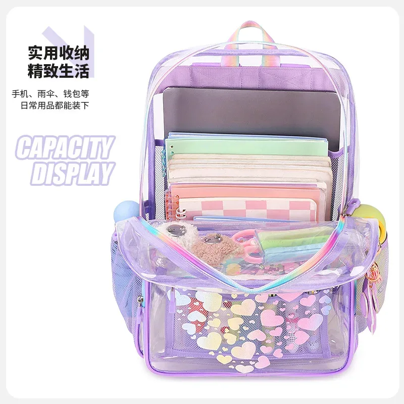sac à dos transparent en pvc imprimé cœur, pour adolescents, garçons et filles, cartable d'étudiants, grande capacité, étanche, voyage, plage