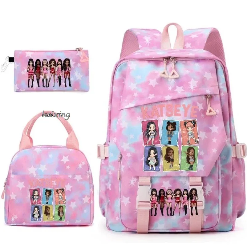nouveaux sacs à dos katseye à imprimé amusant, 3 pièces/ensemble, sac d'école pour étudiants, sac de voyage pour adolescents, filles et garçons, sacs à lunch, sac à dos