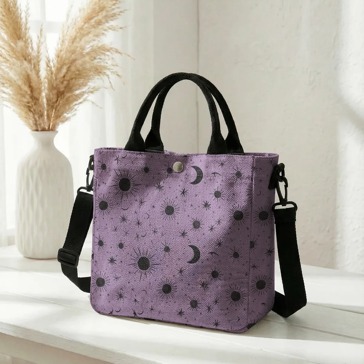 sac fourre-tout violet imprimé soleil, lune et étoiles, avec bandoulière amovible, sac à main pour femme, pour les courses quotidiennes