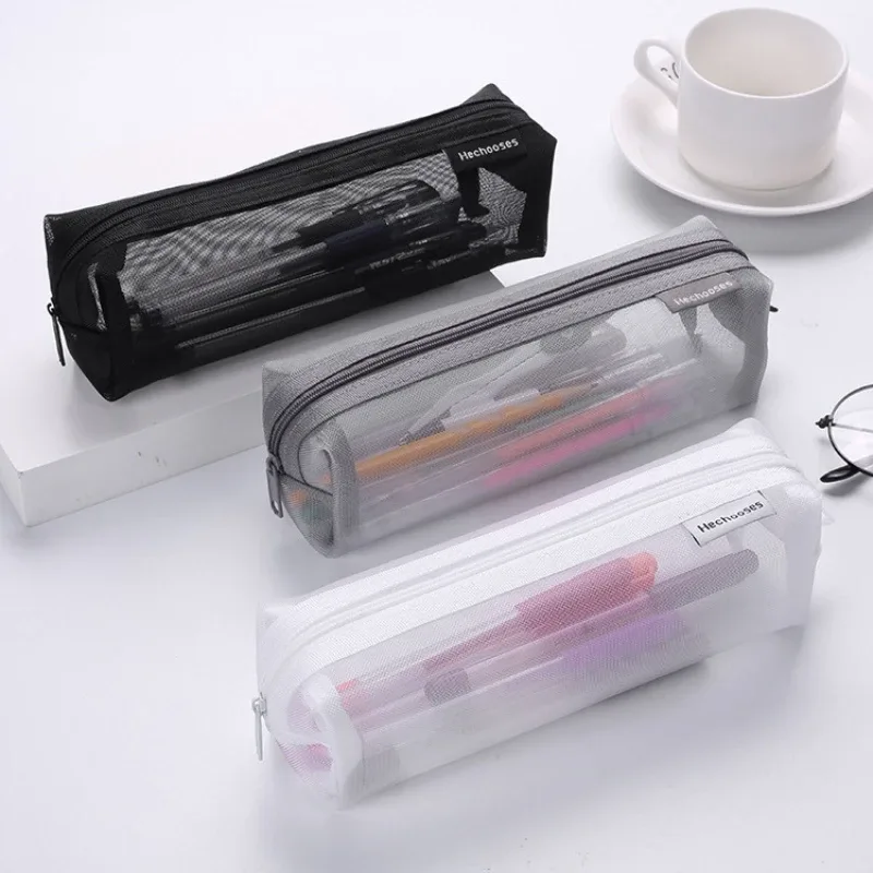 sac à cosmétiques en maille de nylon transparent simple, sac de papeterie pour étudiants, trousse à crayons, sac de rangement portable de grande capacité, pochette de maquillage
