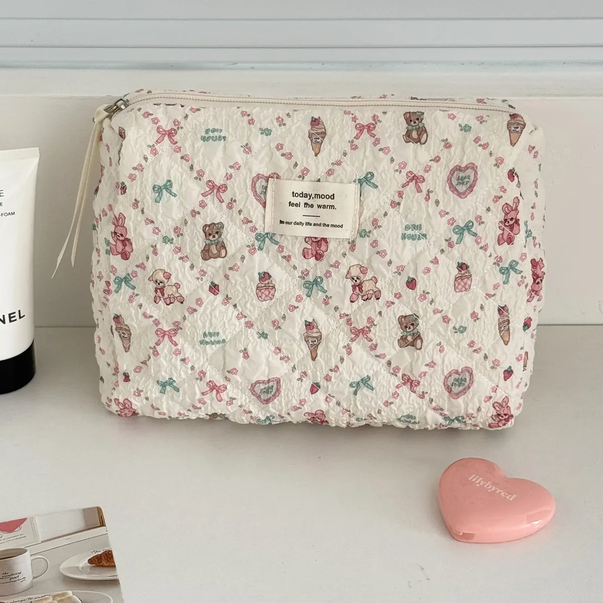 trousse de maquillage à imprimé floral mouton, grande capacité, sac de voyage portable, trousse de toilette mignonne à motif dessin animé, pochette de rangement portable