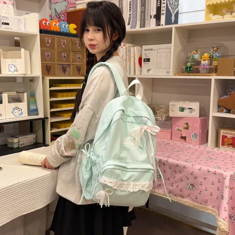 sac à dos élégant pour étudiantes, multi-poches, avec nœud en dentelle, pour le campus, décontracté, avec nœud papillon, pour livres, pour filles, pour le shopping et les sorties
