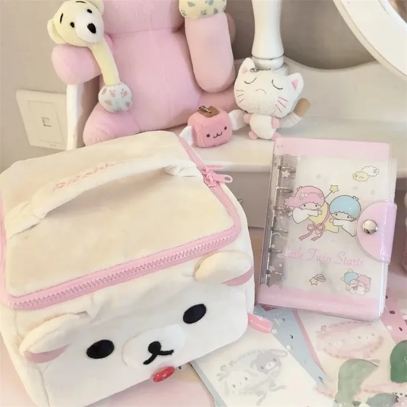 adorable dessin animé rilakkuma sœur tête d'ours en peluche carré 3d trousse de maquillage organisateur de toilette portable