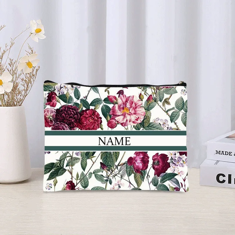 pochette de maquillage personnalisée de luxe avec nom floral, pochette de maquillage personnalisée, organisateur de rouge à lèvres de voyage, pochette de maquillage tendance, sac à main en toile