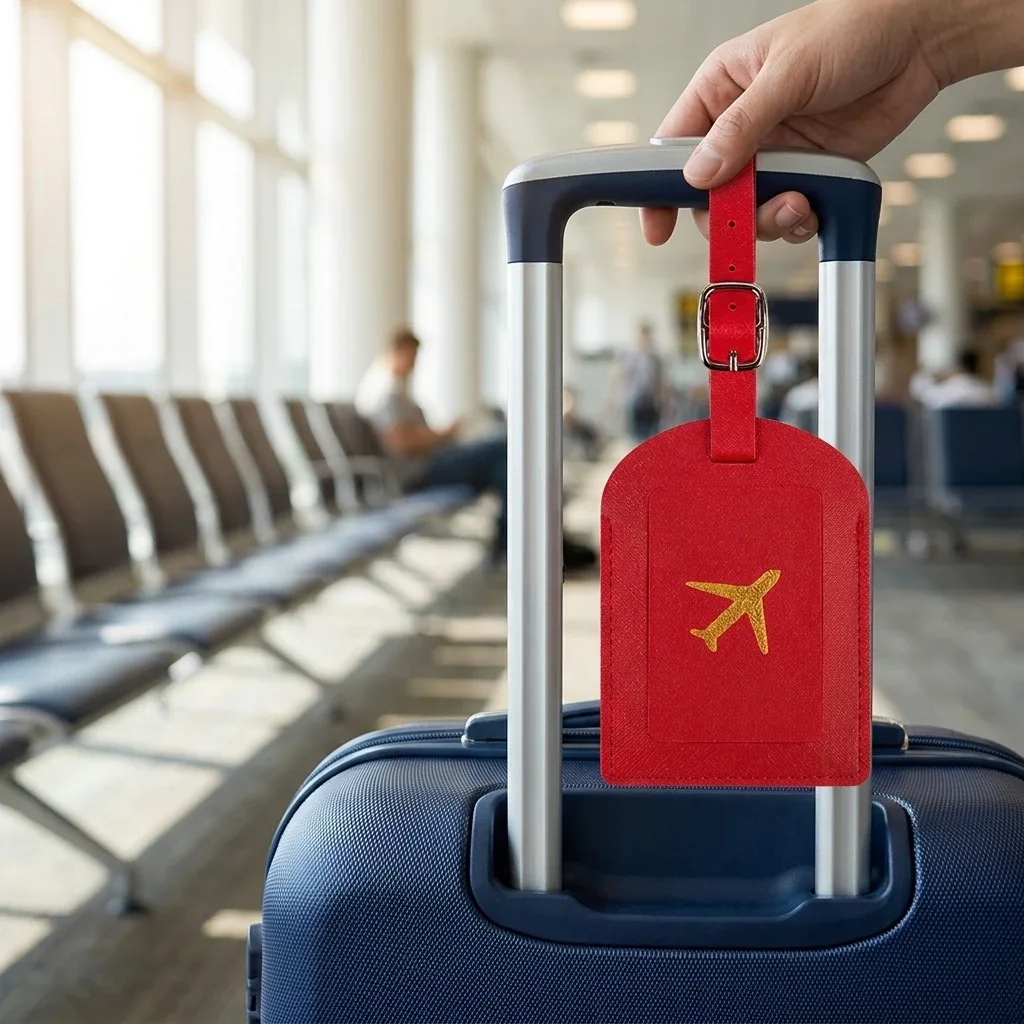 étiquette bagage cuir rouge doré avion nom adresse voyage affaires vacances lot pièce identification valise