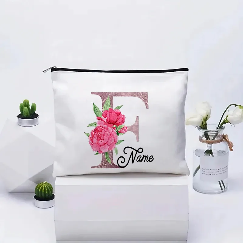 trousse de maquillage personnalisable avec prénom, cadeau de mariage, grande pochette en toile à fermeture éclair, motif floral pivoine, essentiels de voyage, maquillage